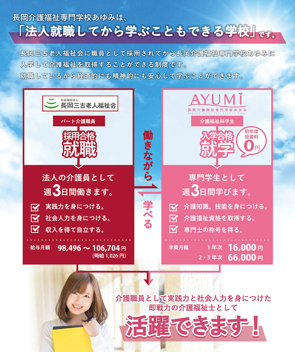 法人就職してから学ぶこともできる学校｜長岡介護福祉専門学校あゆみ